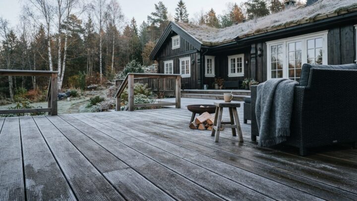 Skridsikker terrasse med trægulv dækket af let rimfrost om vinteren