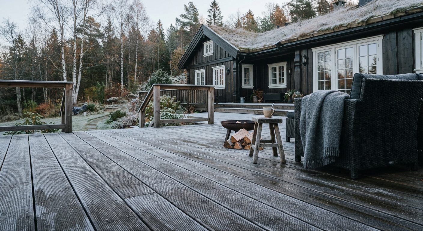Skridsikker terrasse med trægulv dækket af let rimfrost om vinteren