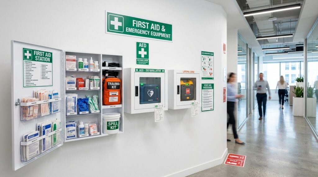Wide shot of a well-organized first aid and emergency equipm