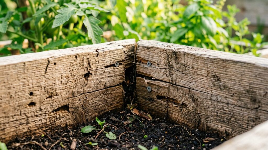 Close-up product shot of a raised garden bed corner showing