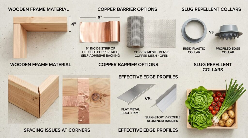 Flat lay product comparison of raised bed materials and slug