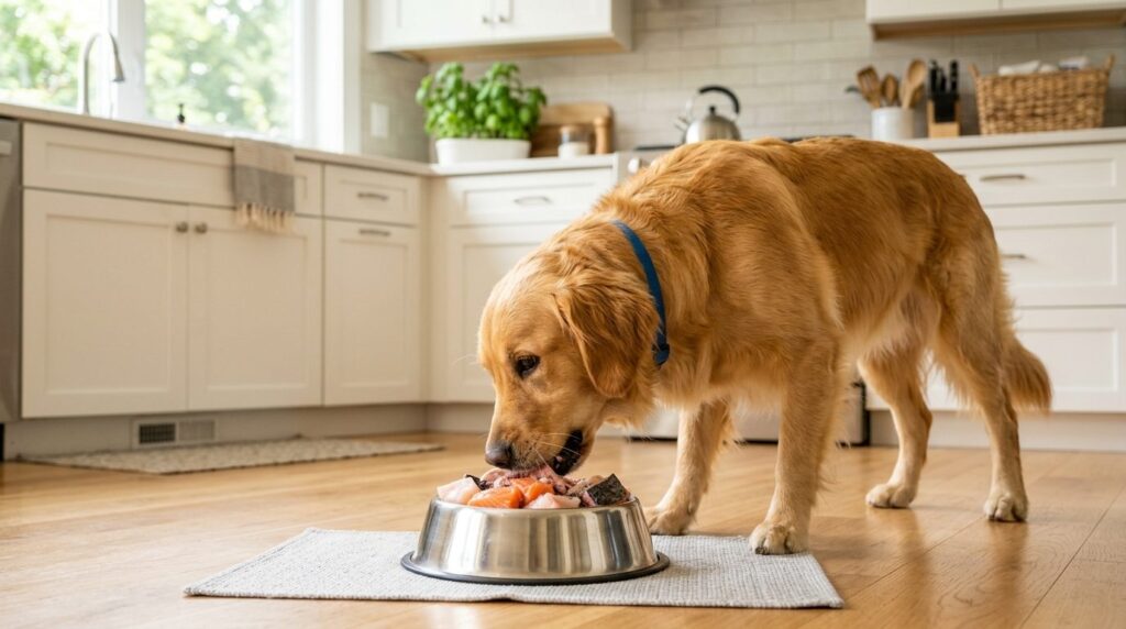 Happy healthy dog eating fish-based raw food from stainless