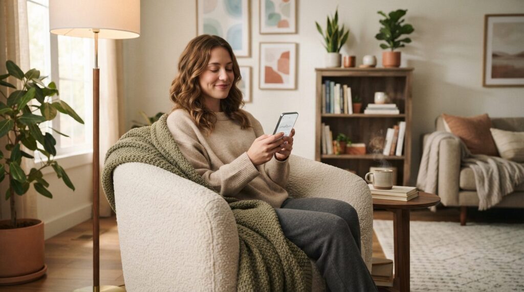 Professional lifestyle photograph, 16:9 ratio, serene indoor