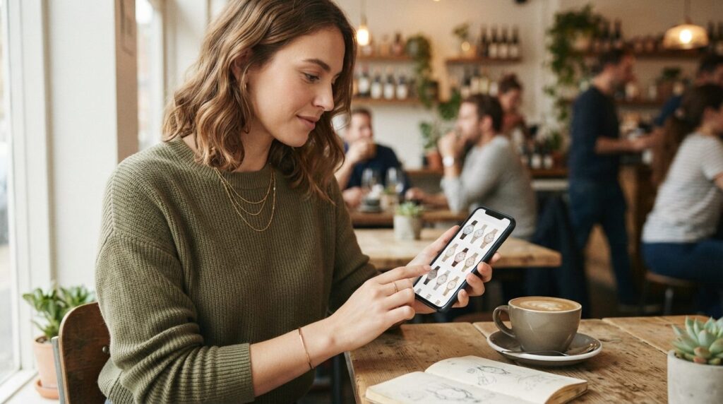 Modern lifestyle shot of a young woman comparing womens wat