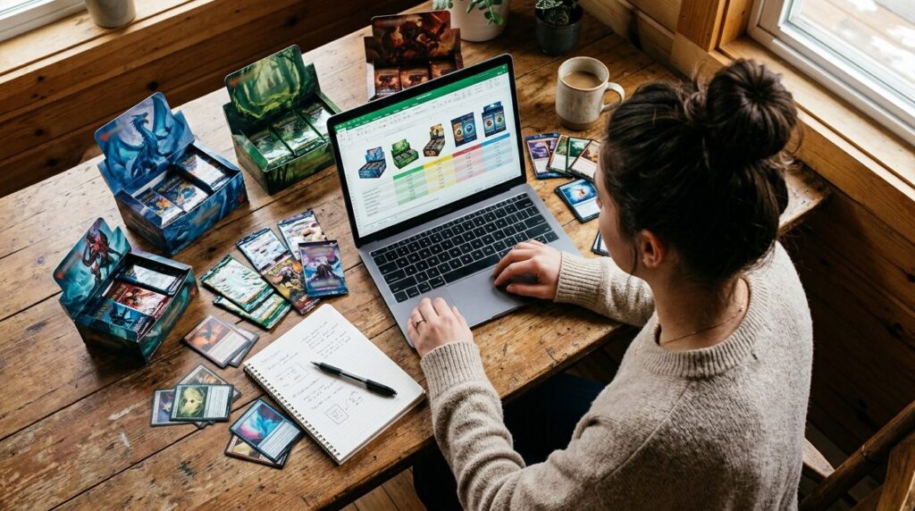 Top-down view of a young adult comparing trading card produc