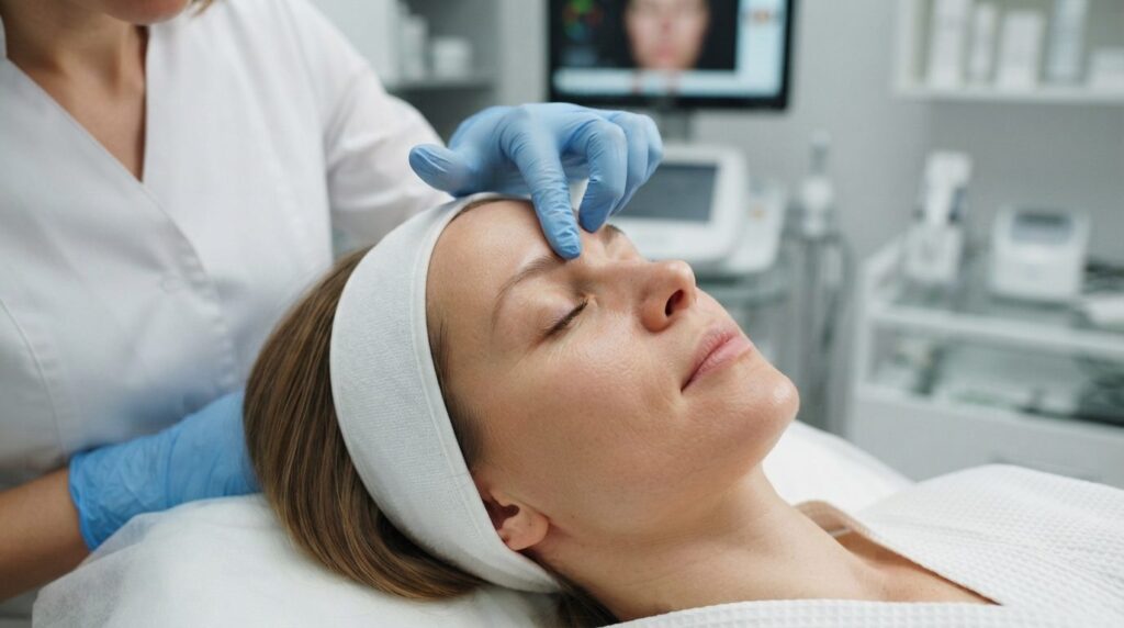 Close-up of a womans face during a professional skin analys