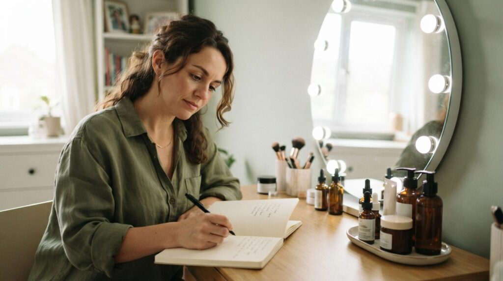 Woman reviewing skincare and beauty products at home, sittin