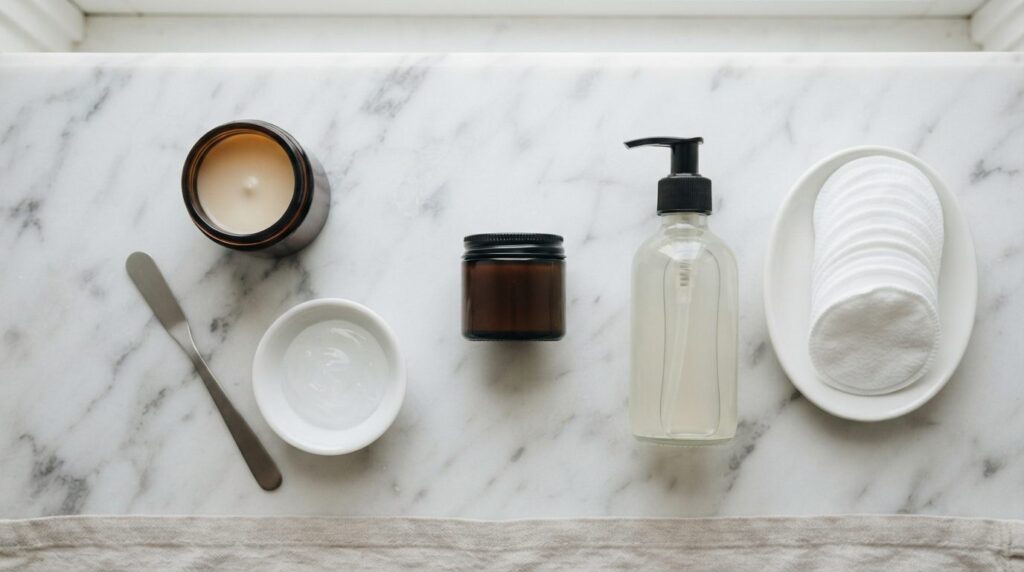 Close-up overhead flat lay of tattoo aftercare products arra