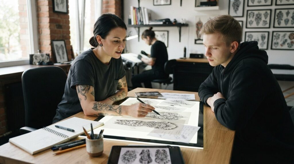 Modern tattoo studio consultation scene showing a profession