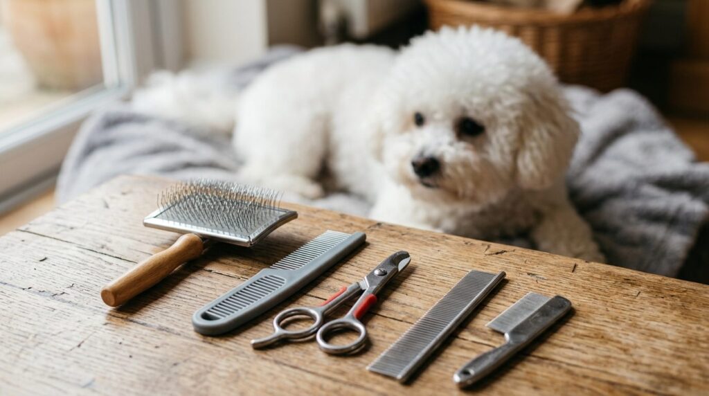 Close-up photorealistic image of a dog grooming kit laid out