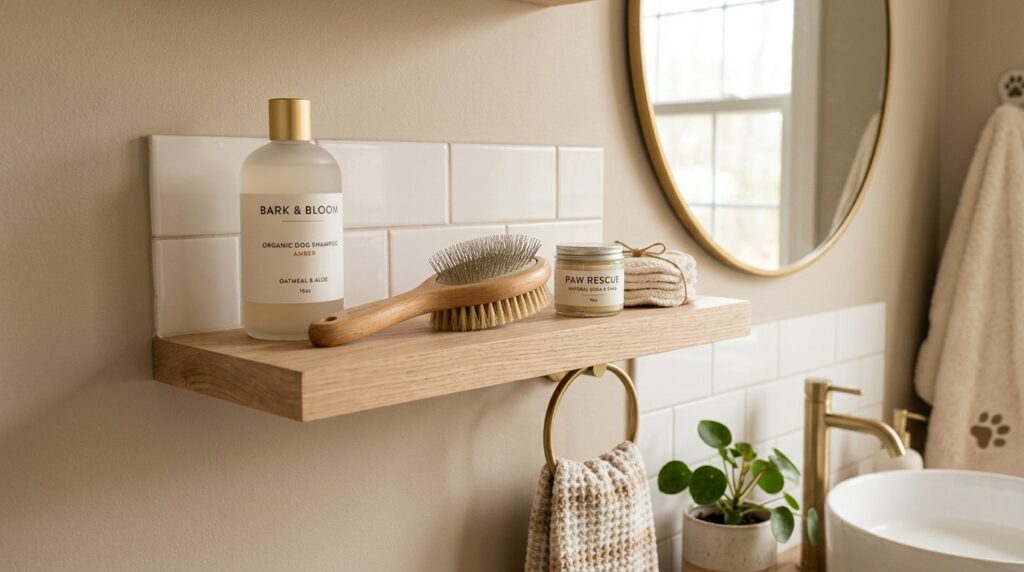 Lifestyle product photography of dog care essentials in a mo