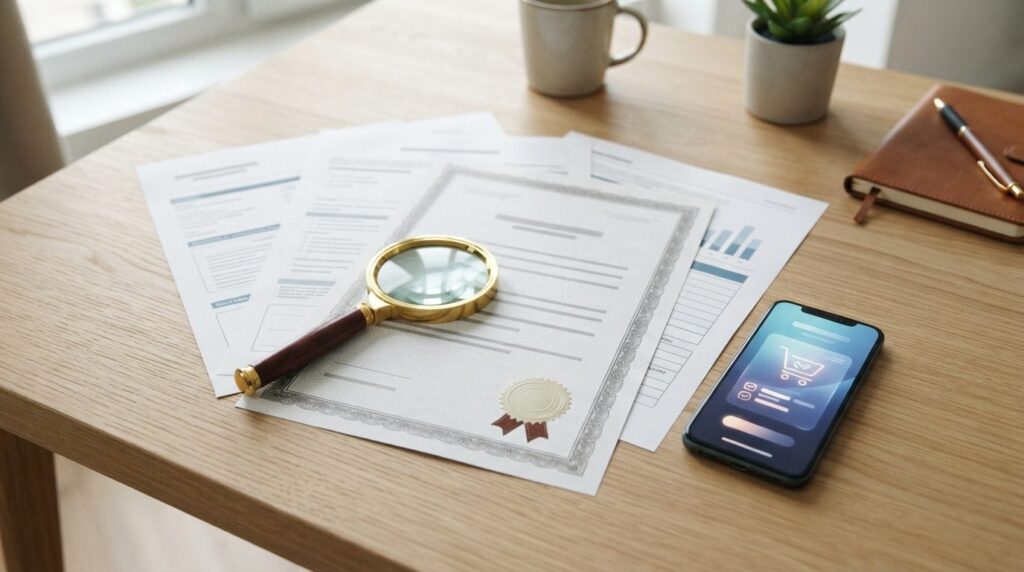 Flat lay composition of verification items on a clean desk: