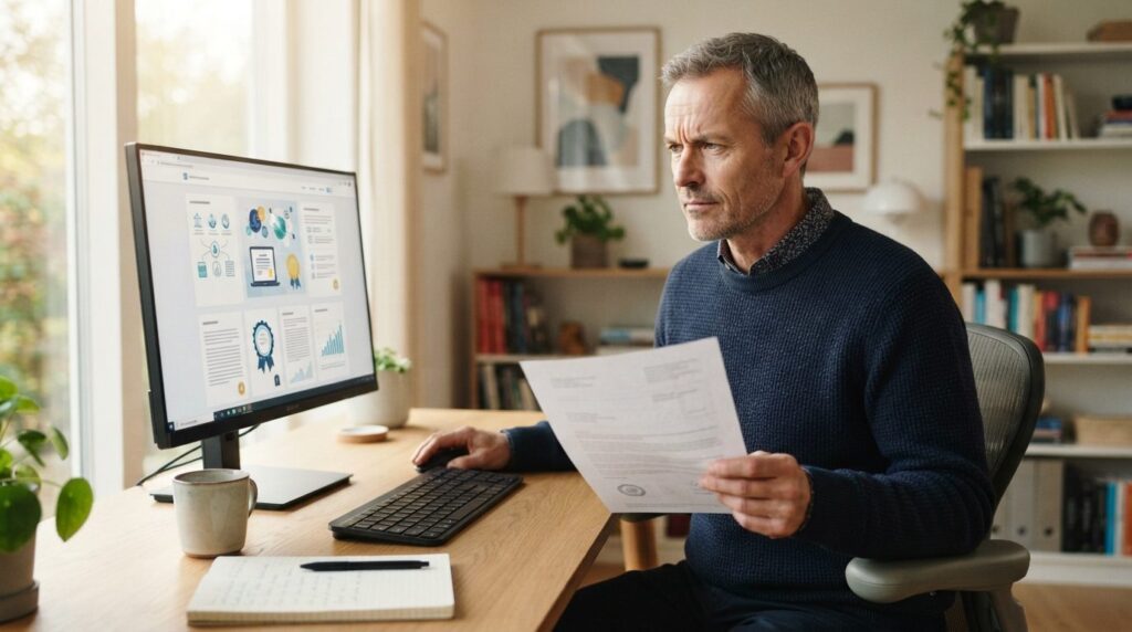Middle-aged Danish man sitting at home computer desk reviewi