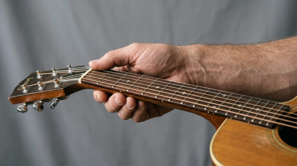 Hånd inspicerer guitarhalsen tæt på for at kontrollere kvalitet og tilstand.