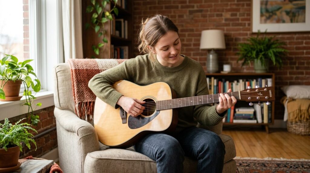 Ung guitarelev sidder med instrumentet og øver sig.