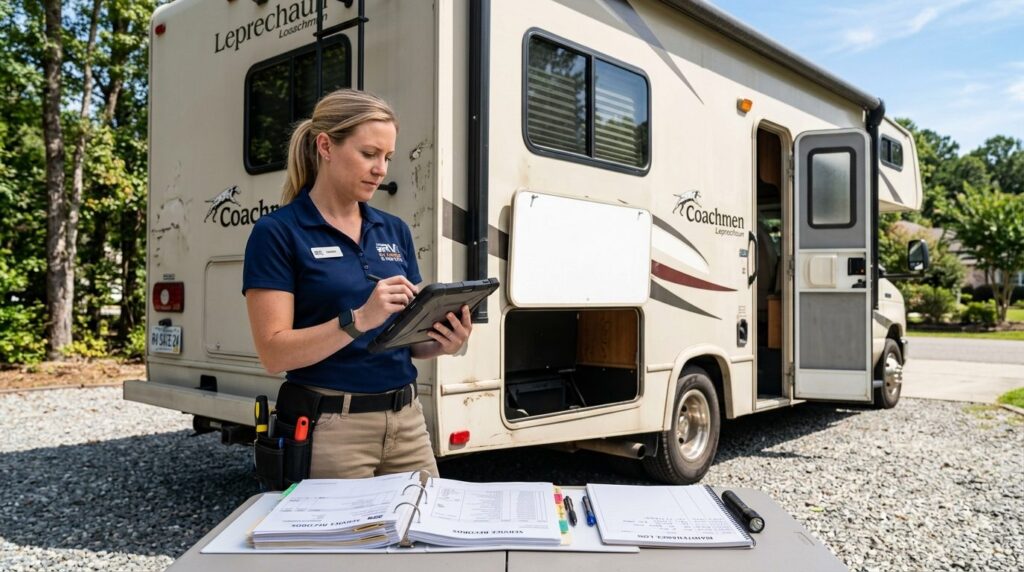 Stock photo of a person reviewing documentation and inspecti