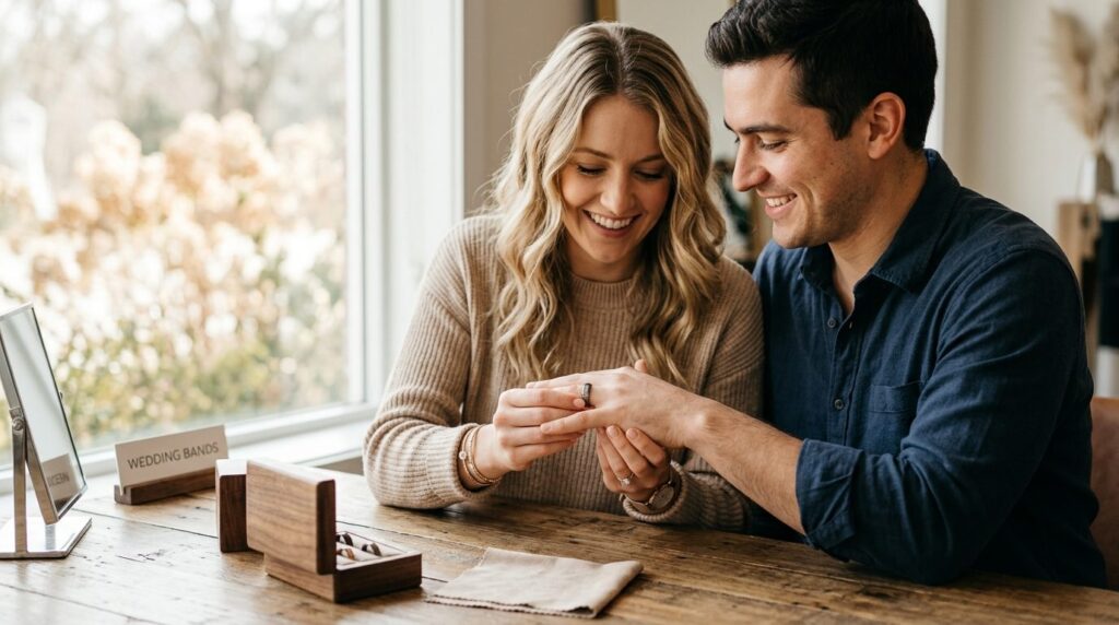 Lifestyle product photography of engaged couple trying on ma