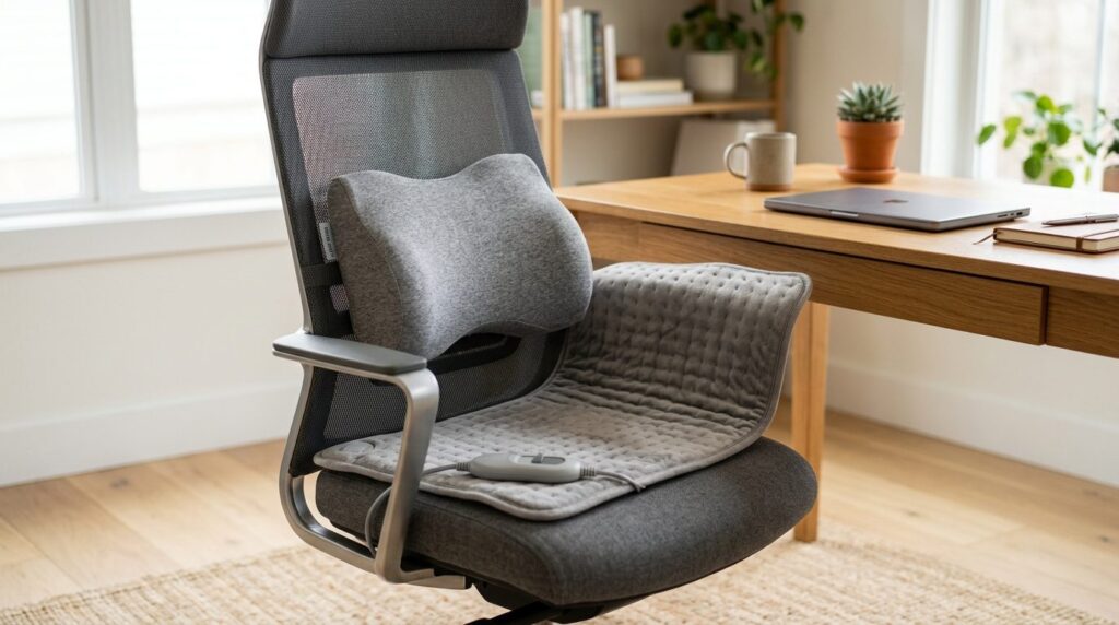 Close-up of ergonomic neck support pillow and heating pad on