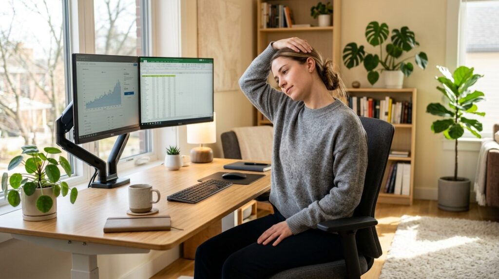 Woman performing gentle neck stretching exercises at her des