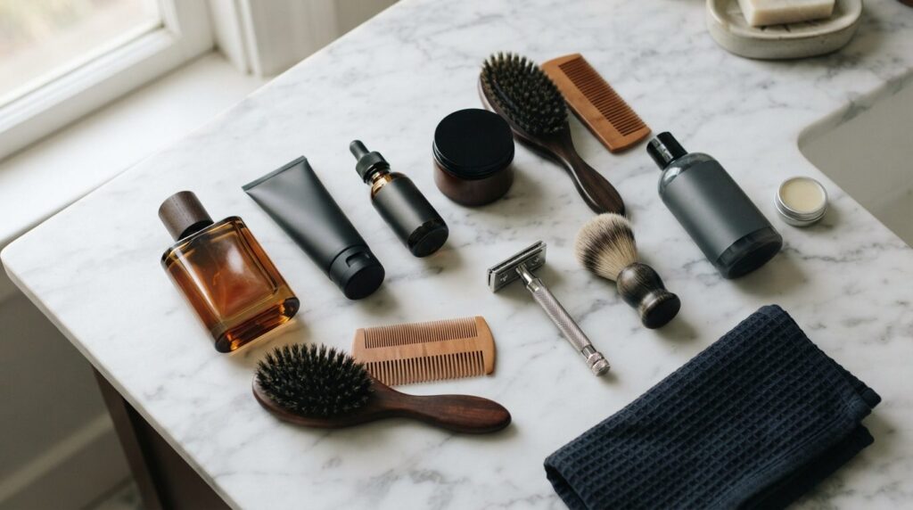 Close-up flatlay of grooming essentials for men including co