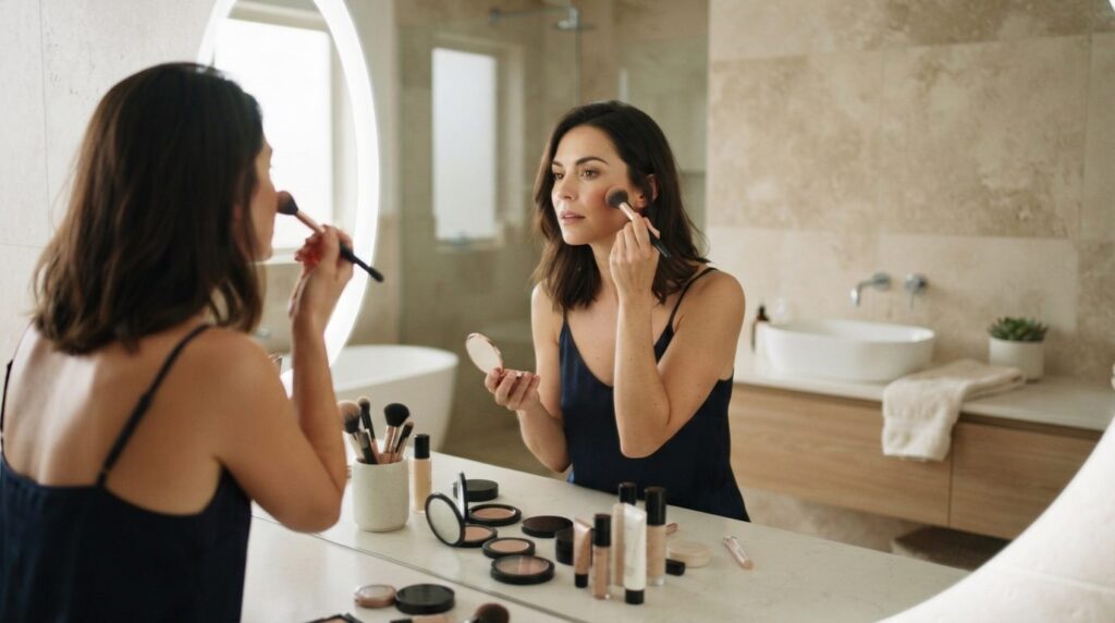 Young professional woman applying makeup in modern bathroom