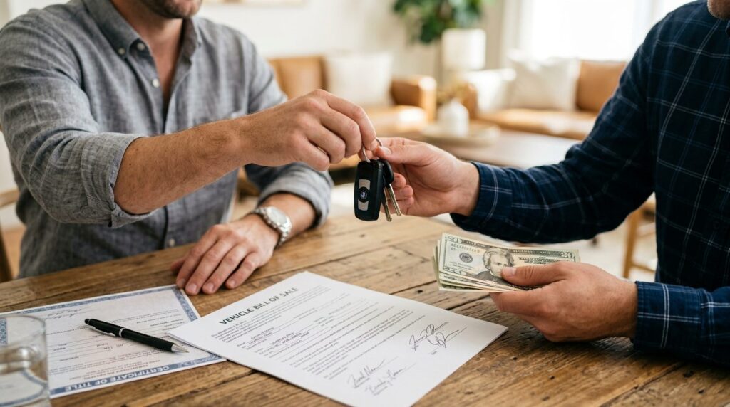 Close-up photorealistic image of hands exchanging car keys a