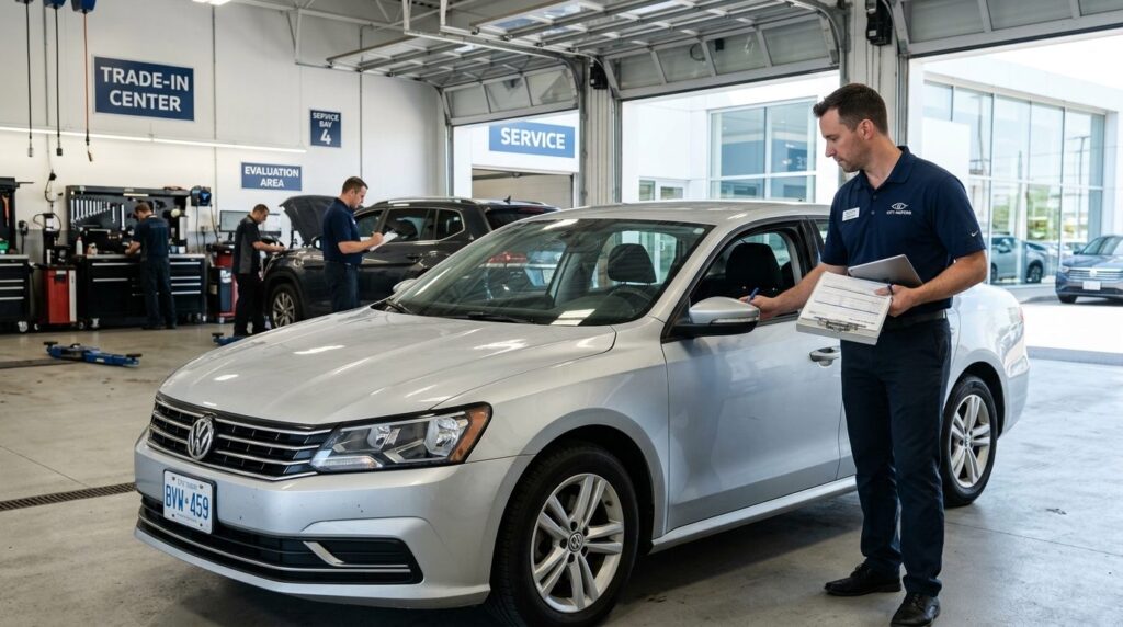 Professional dealership scene showing a car appraiser inspec