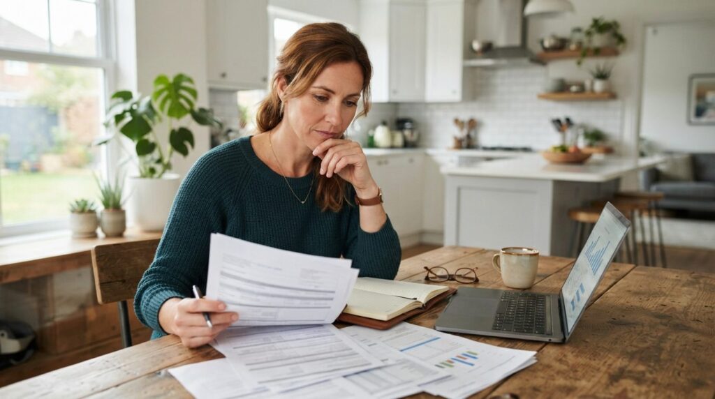 Professional stock photo of a female homeowner reviewing ins