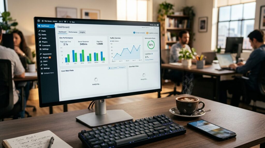 Close-up of a computer screen displaying WordPress dashboard