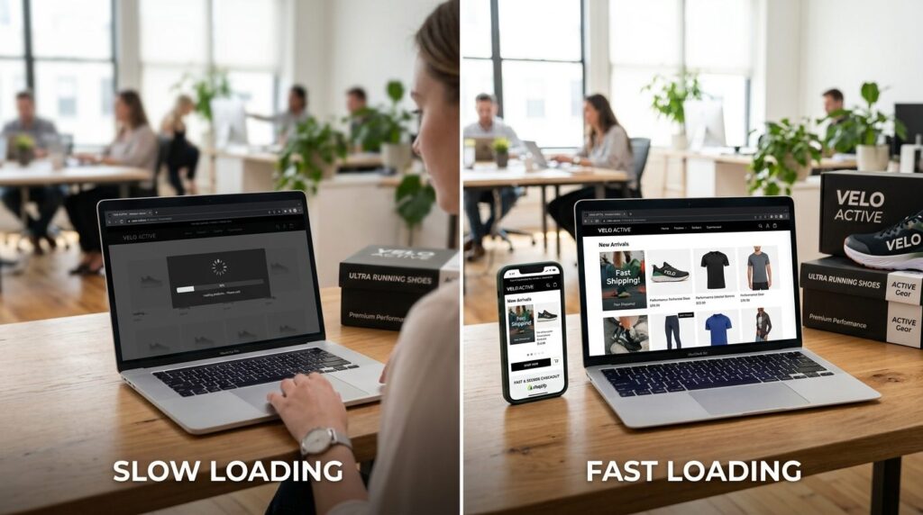 Split-screen concept: left side shows slow loading progress