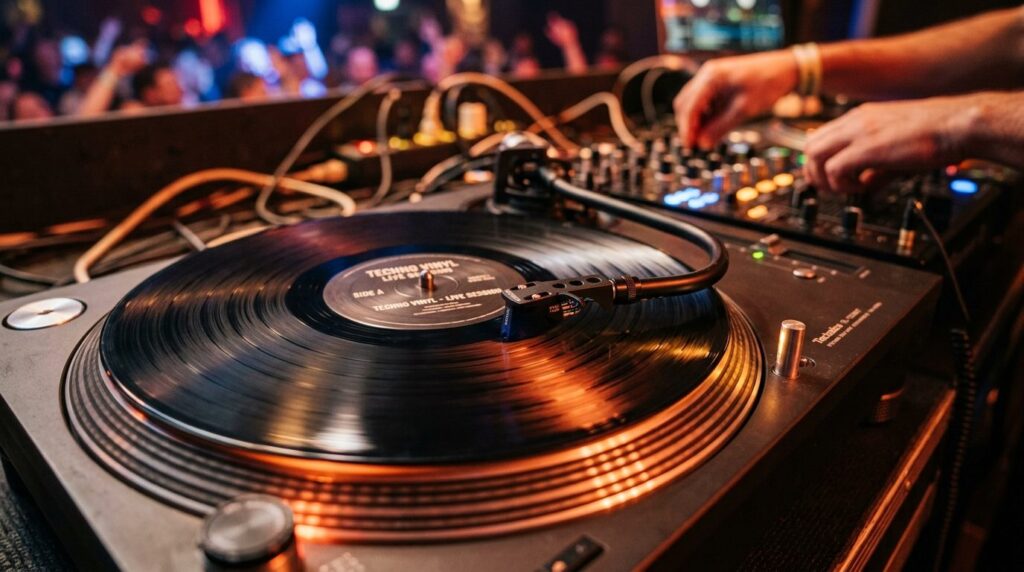 Close-up of a DJ turntables tonearm and platter in action d