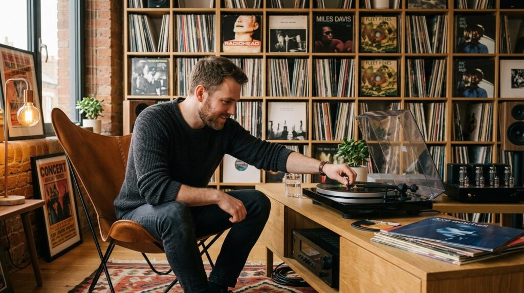 Lifestyle shot of a vinyl enthusiast examining a turntable i