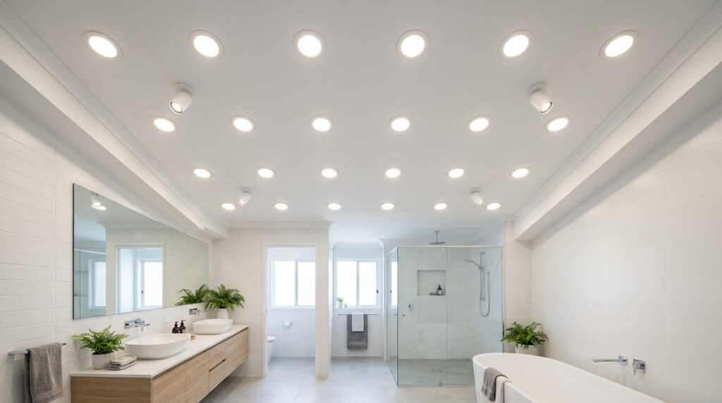 Wide overhead view of a modern bathroom ceiling with multipl