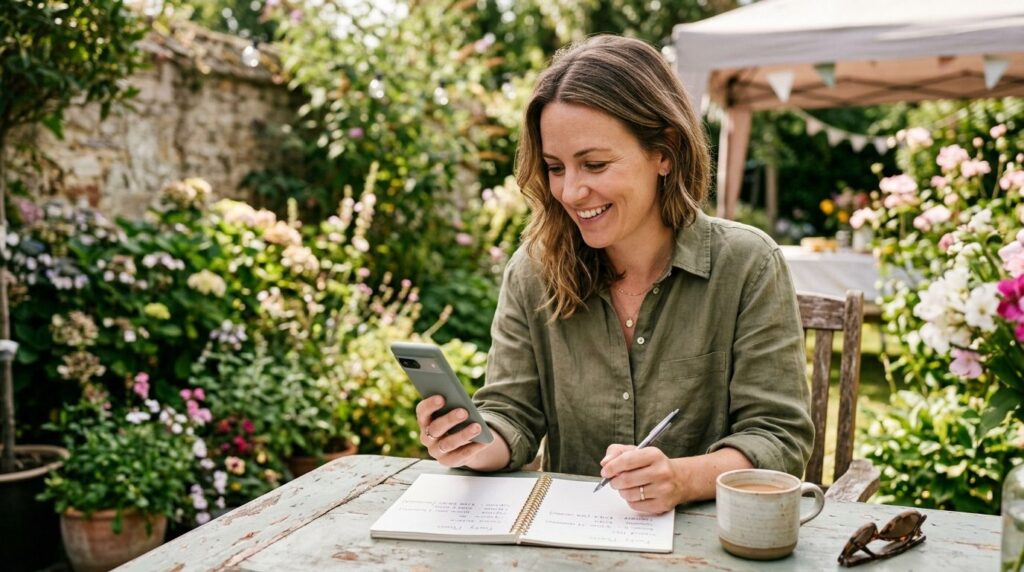 Woman checking smartphone comparing rental quotes for sound