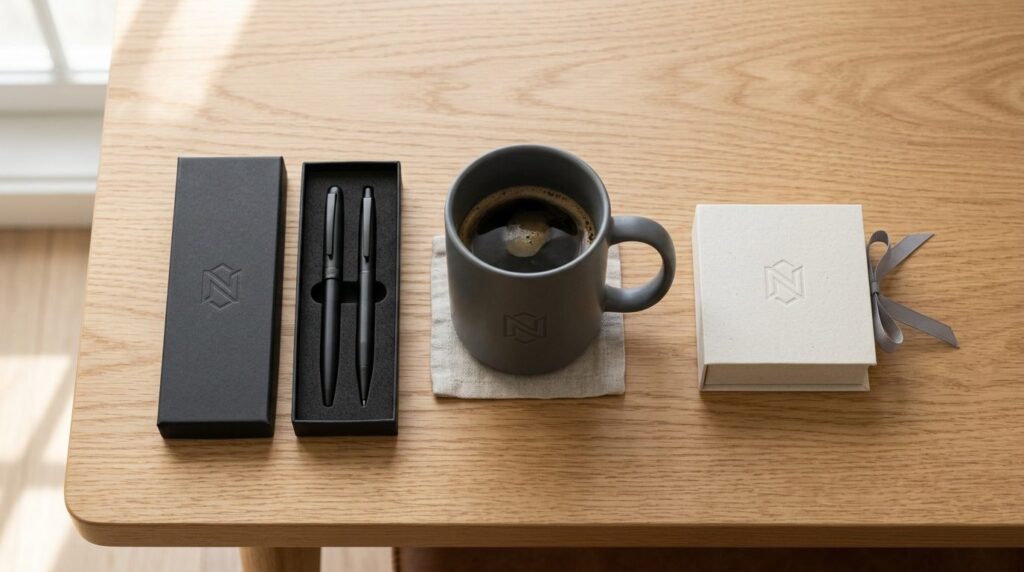 Close-up flat lay of corporate branded everyday products - c