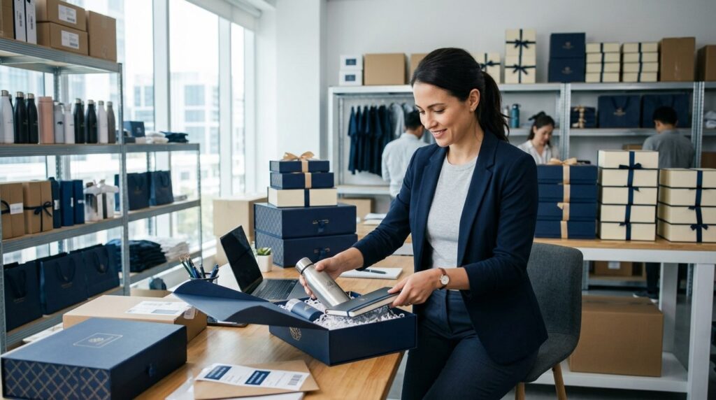 Business professional packing branded merchandise gifts into