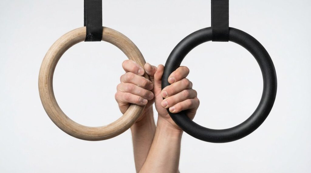 Close-up detail shot of hand gripping wooden gymnastics ring