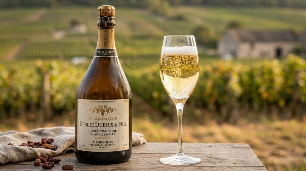 Close-up product photography of grower champagne bottle with