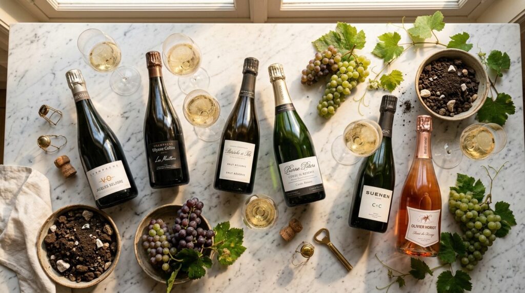 Overhead flat lay composition of grower champagne bottles, c