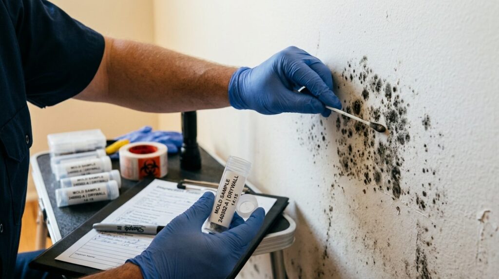 Close-up of professional inspectors gloved hand collecting 