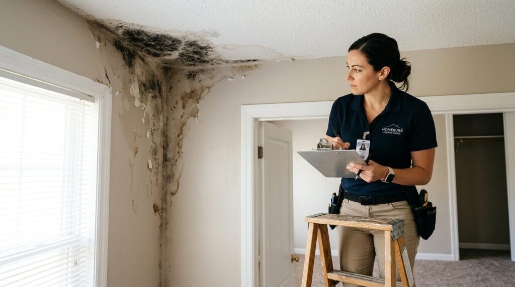 Interior home inspection scene showing moisture damage and d