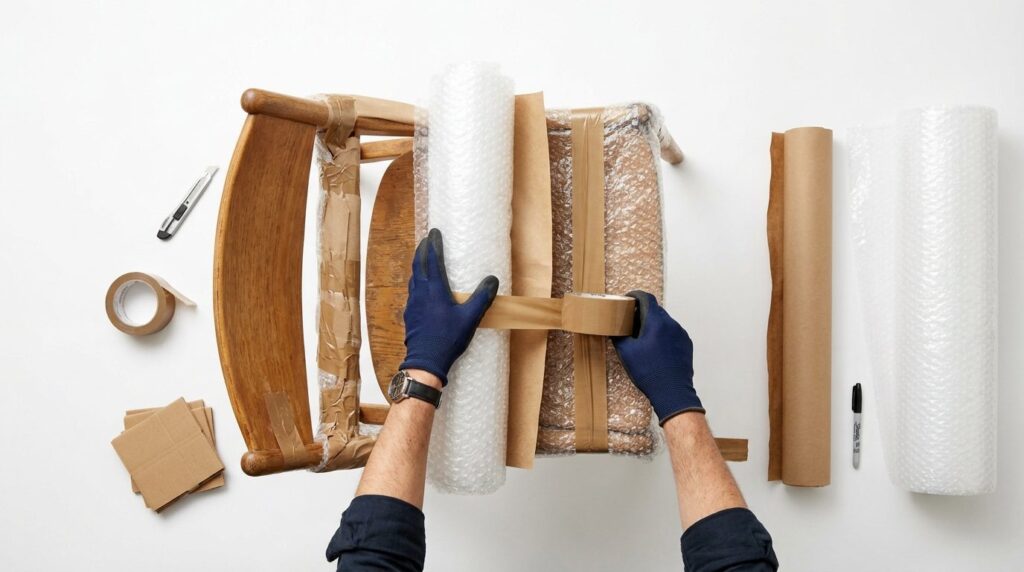 Close-up overhead view of a wooden dining chair being wrappe