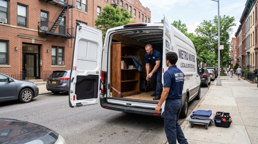 Wide shot of a white delivery van parked outside a residenti