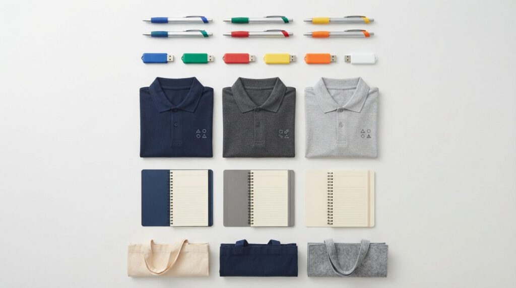 Overhead flatlay photograph of budget-friendly promotional m