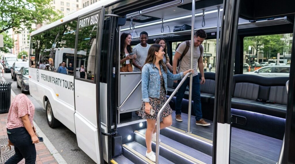 Young adults boarding a well-maintained party bus with visib