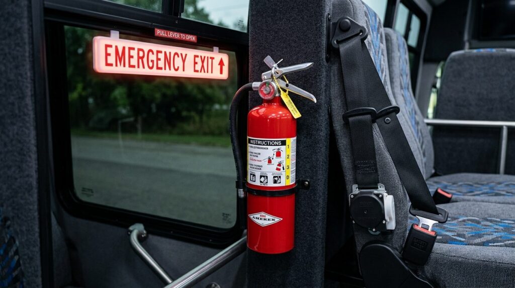 Close-up detail shot of modern safety equipment inside a ren