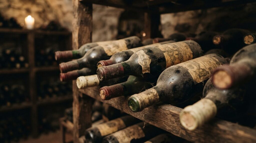 Close-up professional stockfoto of vintage wine bottles with