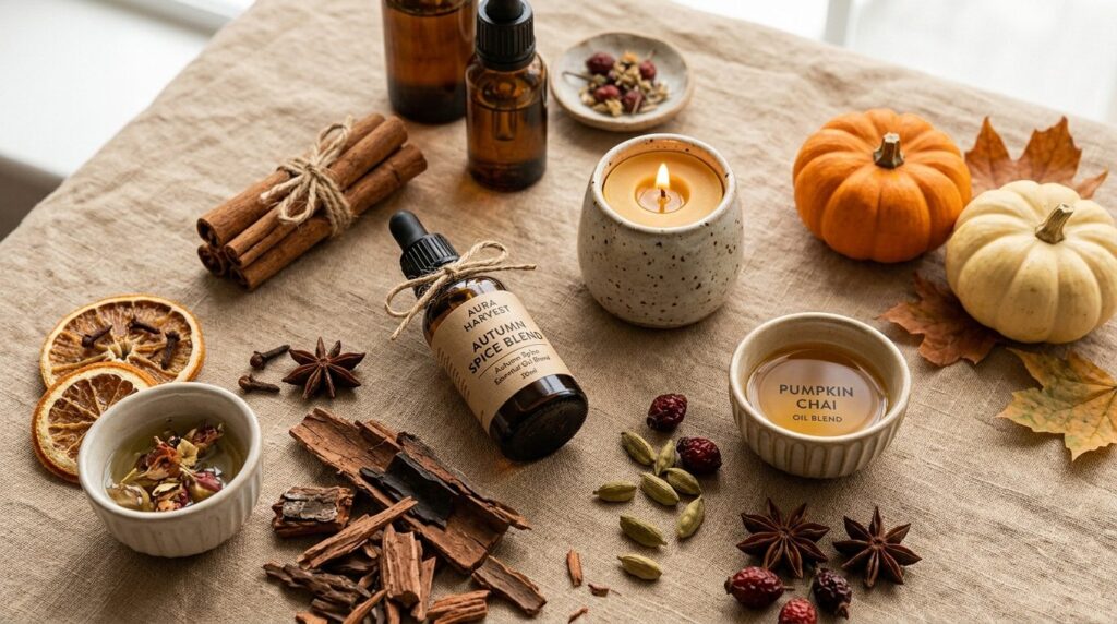 Close-up flat lay of autumn aromatherapy essentials arranged