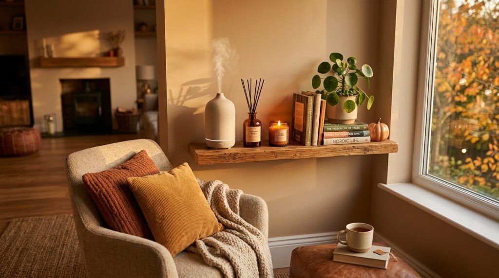 Warm-toned lifestyle scene showing a modern living room corn