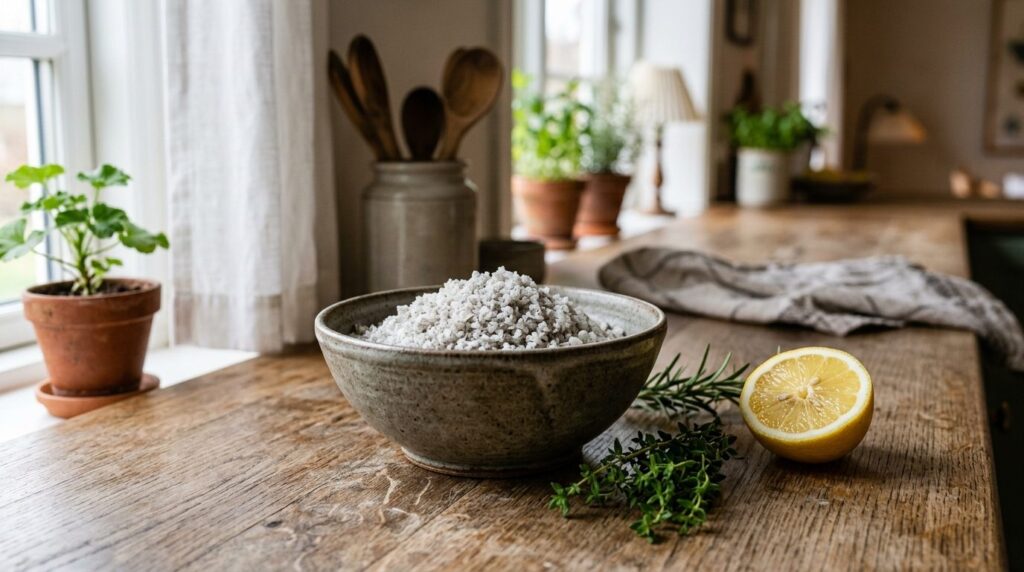 Close-up product shot of coarse unrefined sea salt in a rust